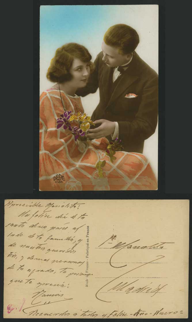 Glamour Lady Woman Man Flowers Old Hand Tinted Postcard