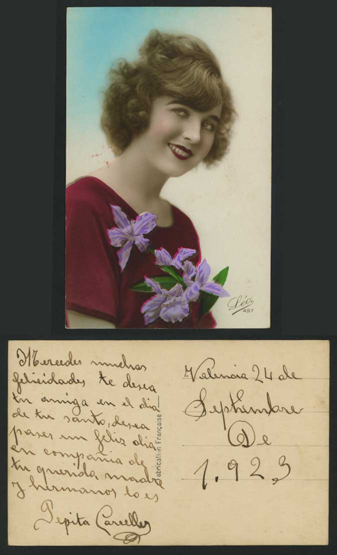 Glamour Lady Woman Iris Flowers 1923 Old Hand Tinted Colour Real Photo Postcard