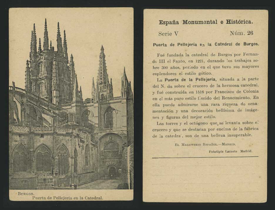 Spain Old Card BURGOS Catedral Cathedral Puerta Pellej.