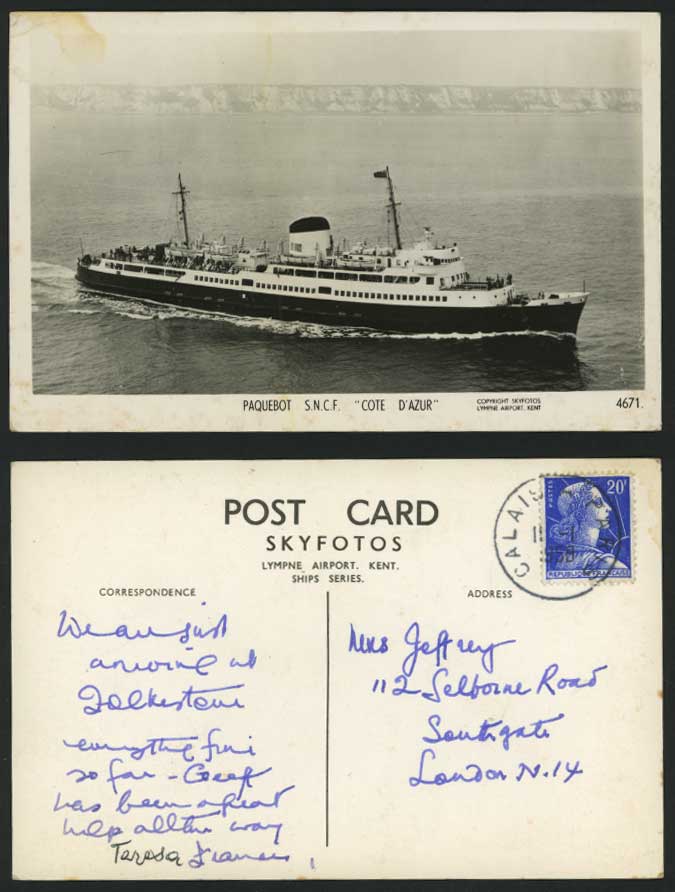 PAQUEBOT S.N.C.F. Ship Cote d'Azur 1950 Old RP Postcard