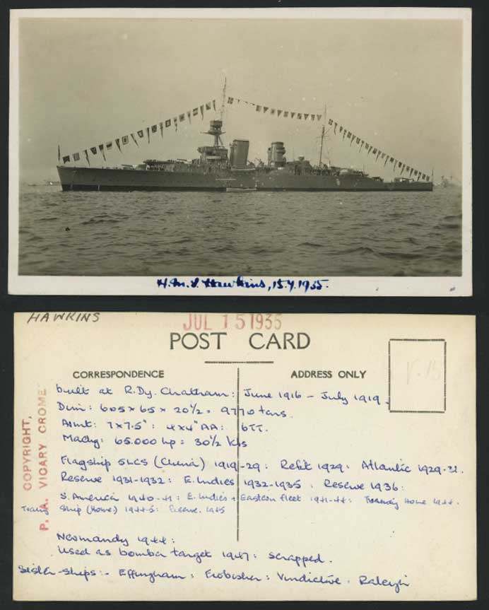 H.M.S HAWKINS Royal Navy Warship 1935 Old R.P. Postcard