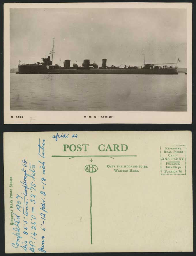 H.M.S. AFRIDI Completed 1907 Old RP Postcard Battleship