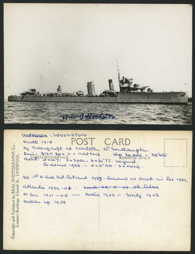 H.M.S. Woolston Royal Navy Warship 1918 Old RP Postcard