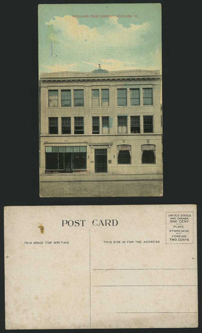 USA Old Tinted Postcard BANK Woodland Trust Company, PA