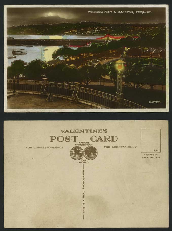Torquay Old Postcard Illuminated PRINCESS PIER, GARDENS
