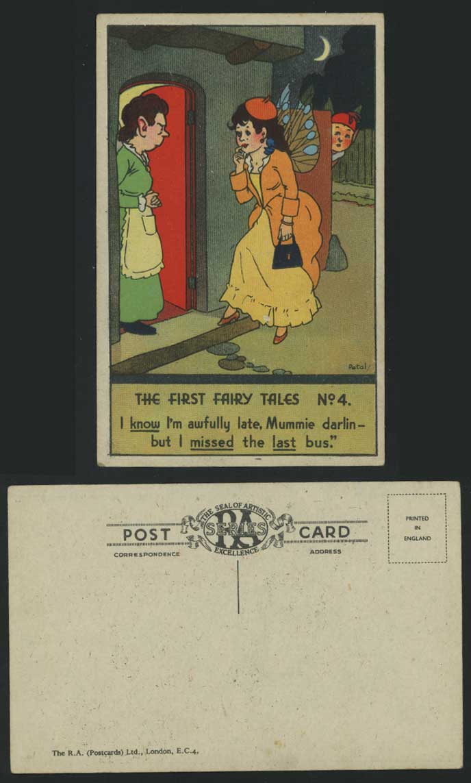 Petal Artist Signed First Fairy Tales I Missed Late Bus Comic Humor Old Postcard