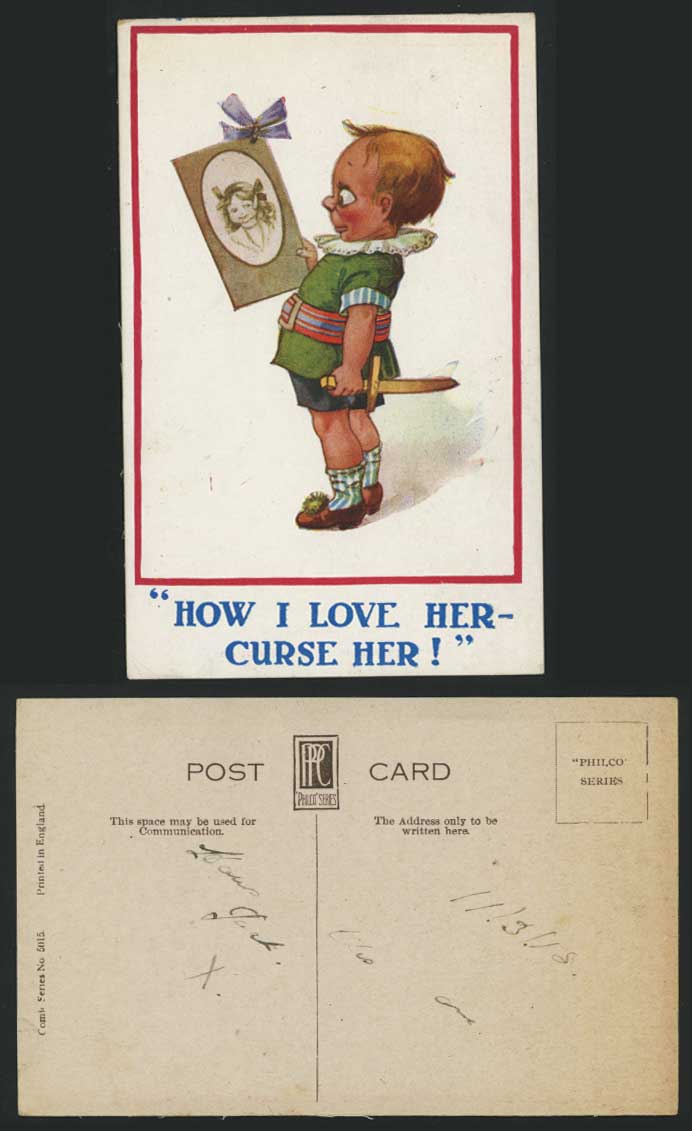 Boy Girl Portrait How I Love Her Curse Her Old Postcard