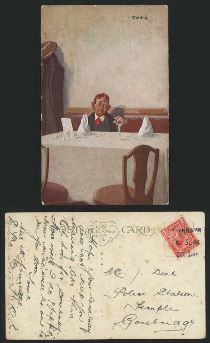 Waiting Man in Restaurant Table Comic 1930 Old Postcard
