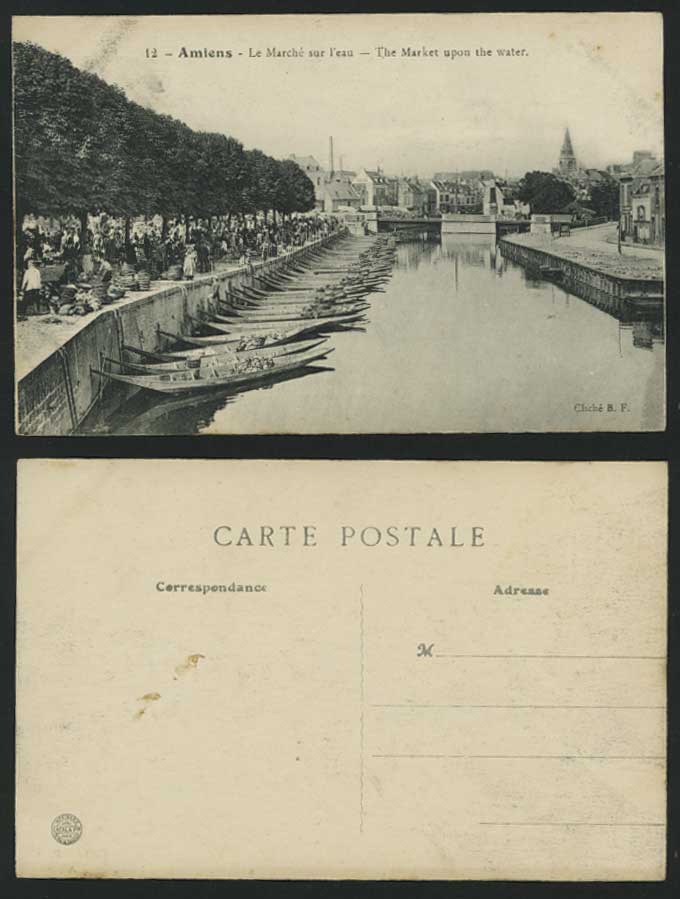 Amiens The Market upon Water, Bridge Boats Old Postcard