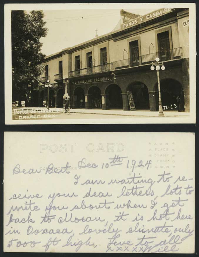 Mexico 1924 Postcard Portal de Claueria Oaxaca, Cyclist