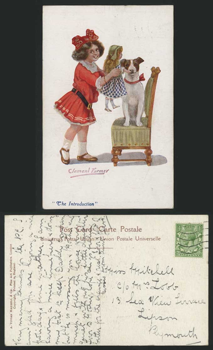Clement Farmer Artist Signed 1918 Old Postcard Doll Dog