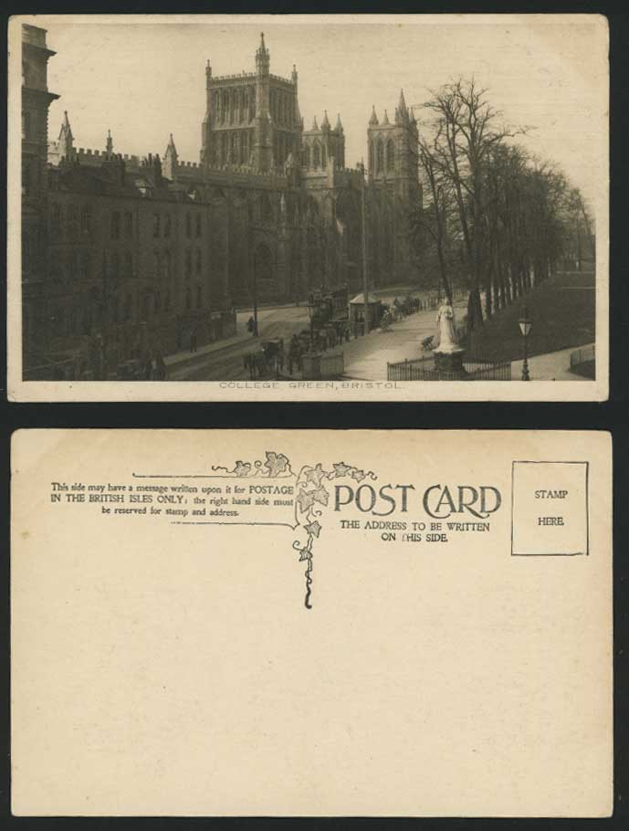 Bristol College Green Street Tram & Statue Old Postcard