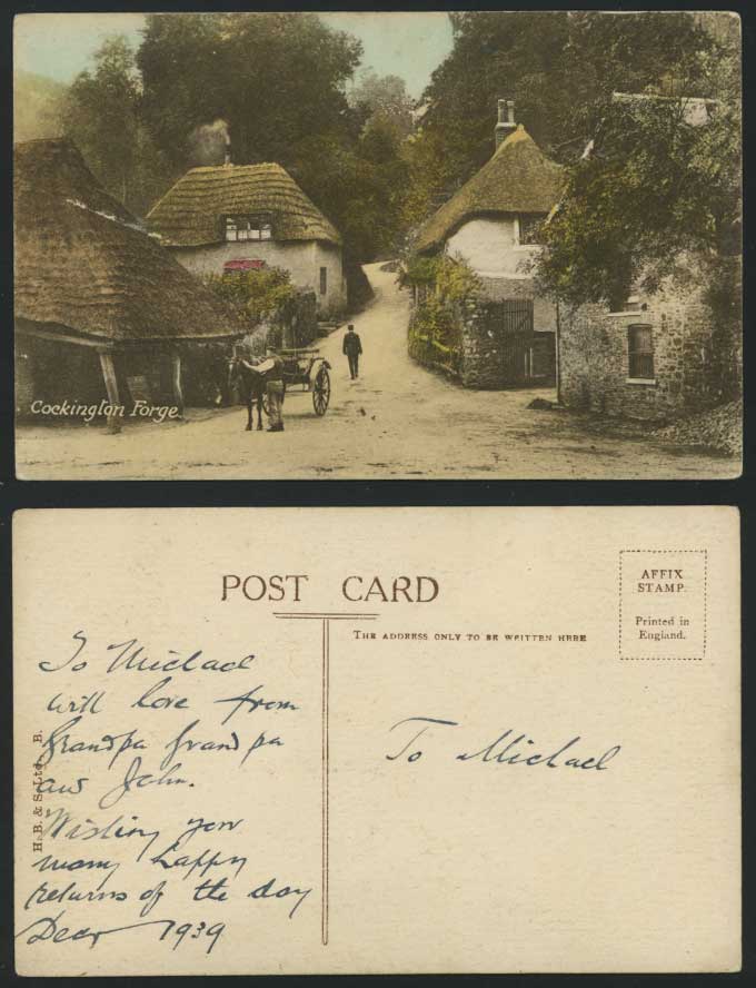 COCKINGTON FORGE Dev Thatched Cottage 1939 Old Postcard