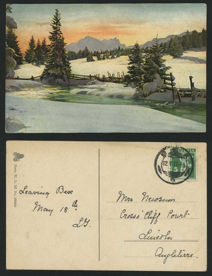 Swiss 1911 Old Postcard Winter Snowy Landscape & Sunset