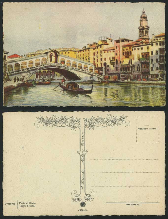 Italy Old Postcard Venezia Ponte di Rialto Bridge Boats, Art Artist Drawn Colour