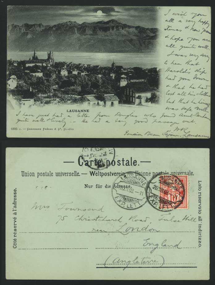 Switzerland - Lausanne Moonlight Moon 1903 Old Postcard