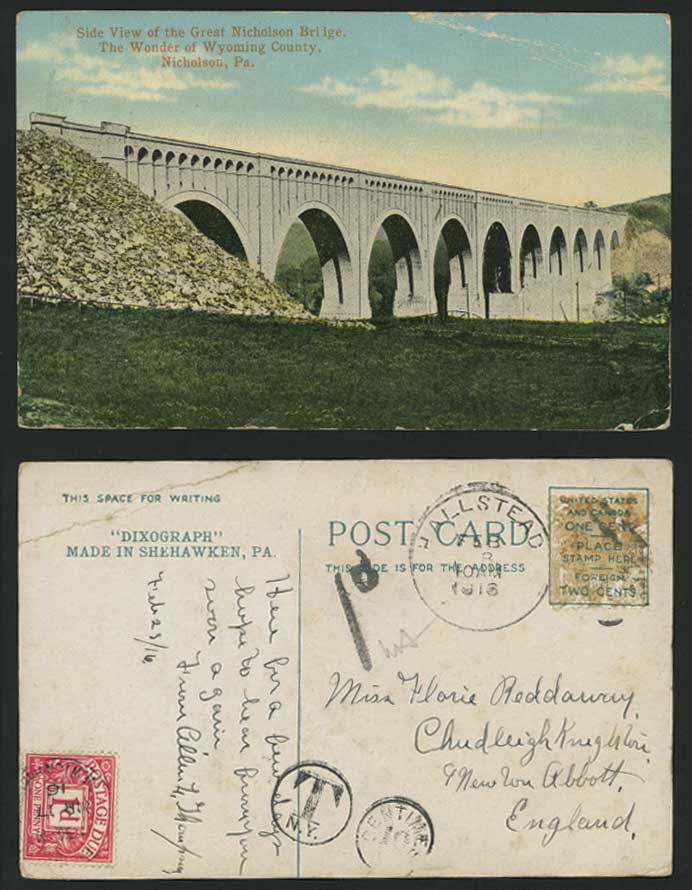 Postage Dues USA, Great Britain 1d 1916 Old Postcard Gt Nicholson Bridge Wyoming