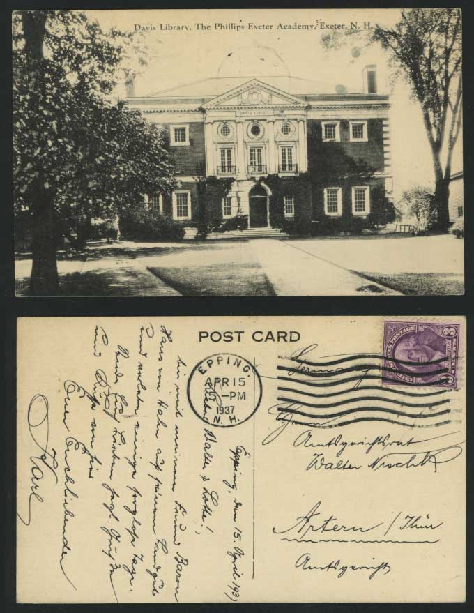 USA 1937 Postcard Davis Library Phillips Exeter Academy