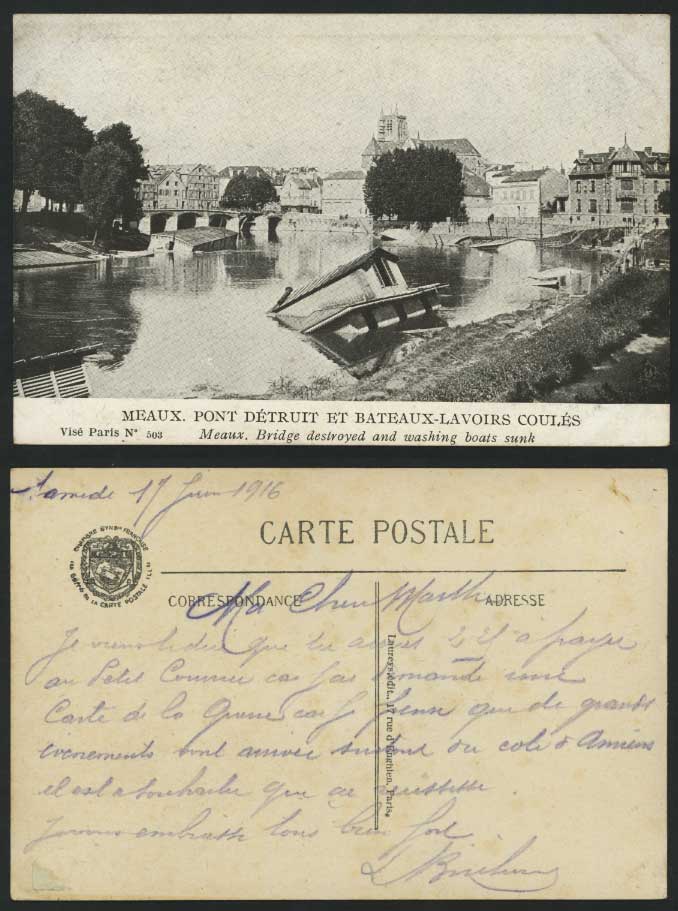 Meaux Bridge Destroyed Washing Boats Sunk 1916 Postcard
