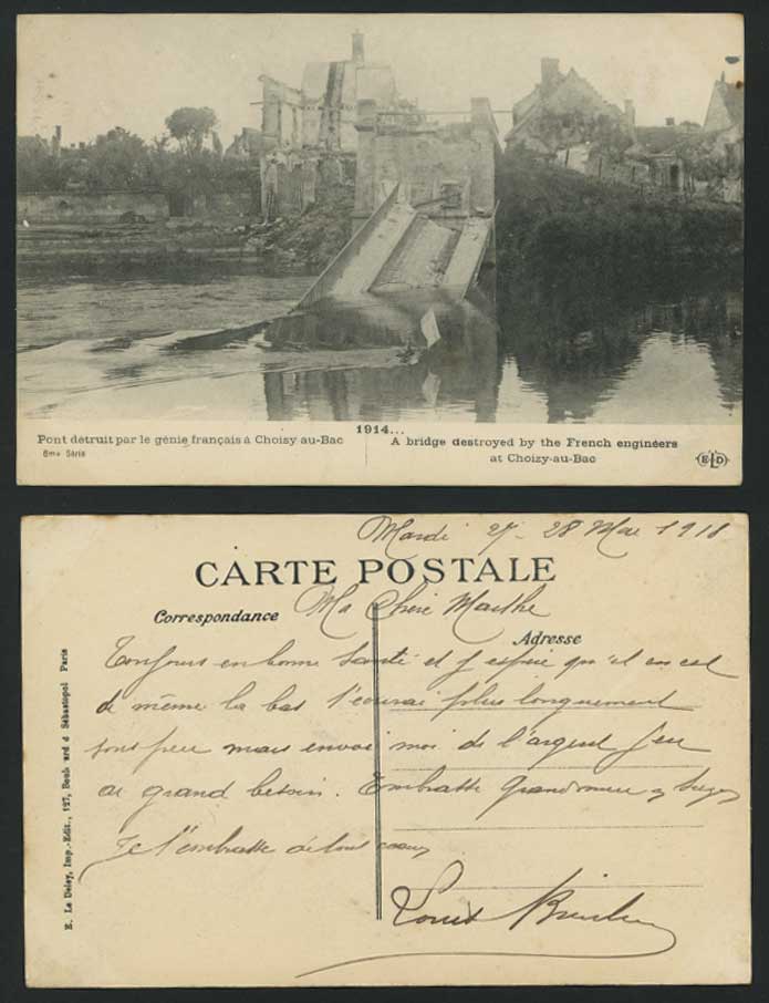 Choizy-au-Bac Bridge Destroy by Engineers 1914 Postcard
