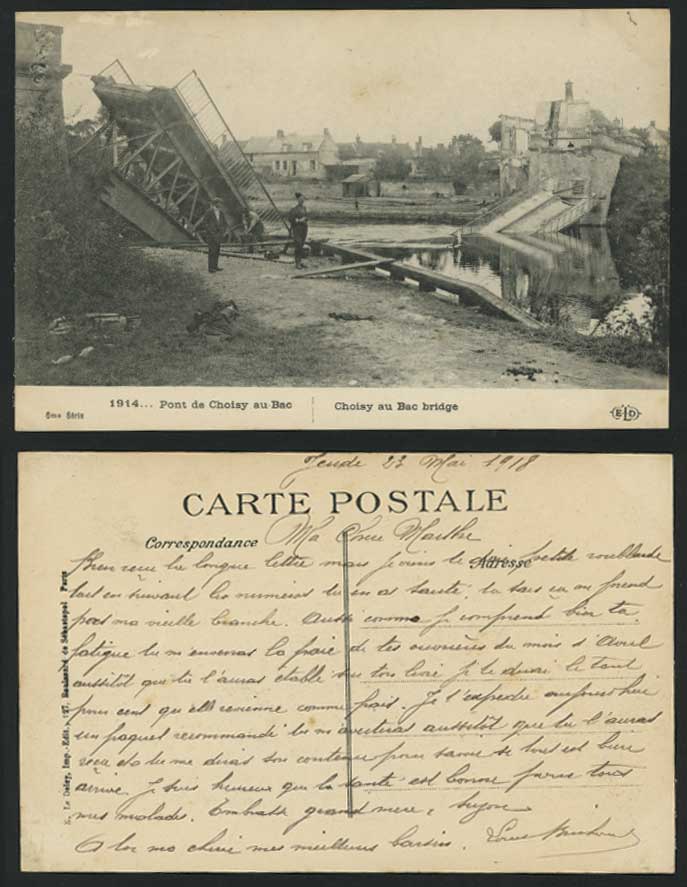 WW1 Ruins - Pont de Choisy au Bac Bridge, 1918 Postcard