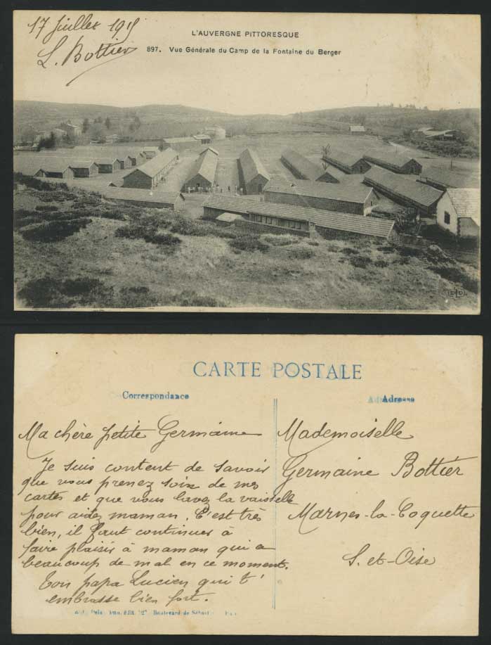 WW1 Auvergne Camp de la Fontaine du Berger Old Postcard