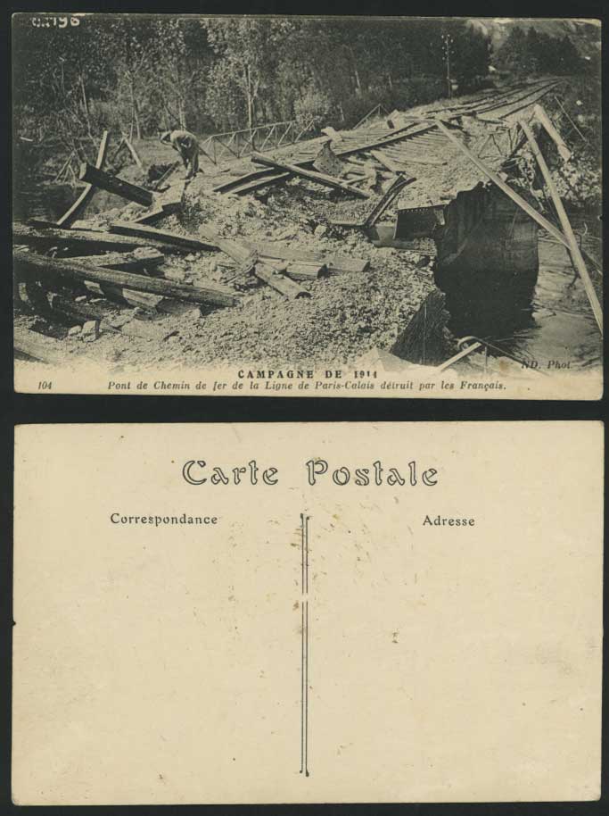 WW1 - Railway Bridge Ligne de Paris-Calais Old Postcard