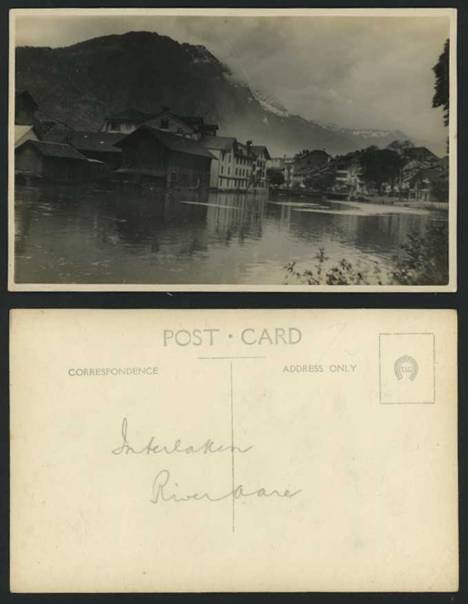 Swiss Interlaken Old RP Postcard River Scene, Mountains
