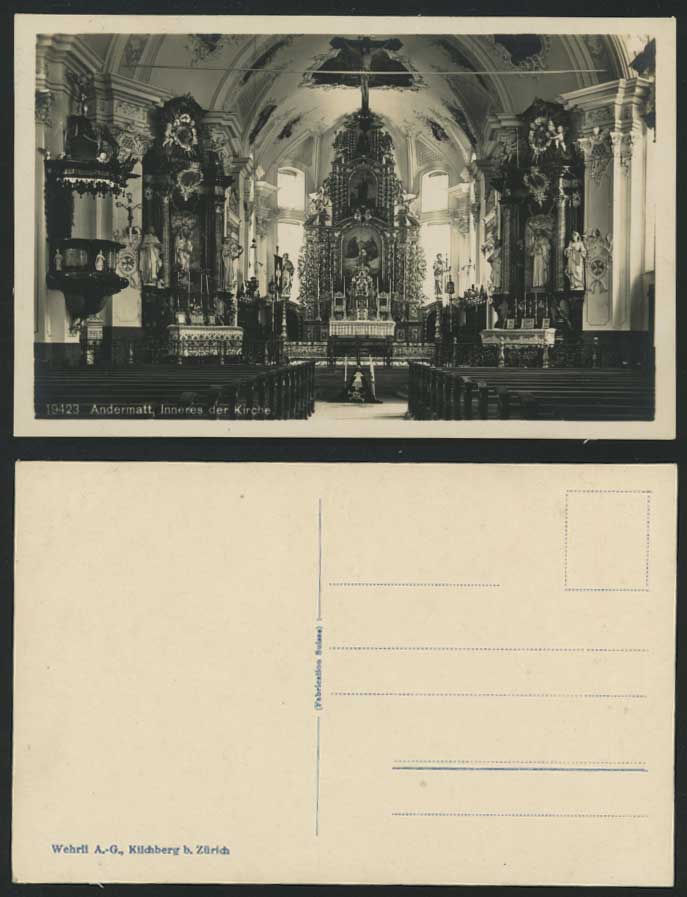 Swiss Old RP Postcard ANDERMATT Kirche, Church Interior