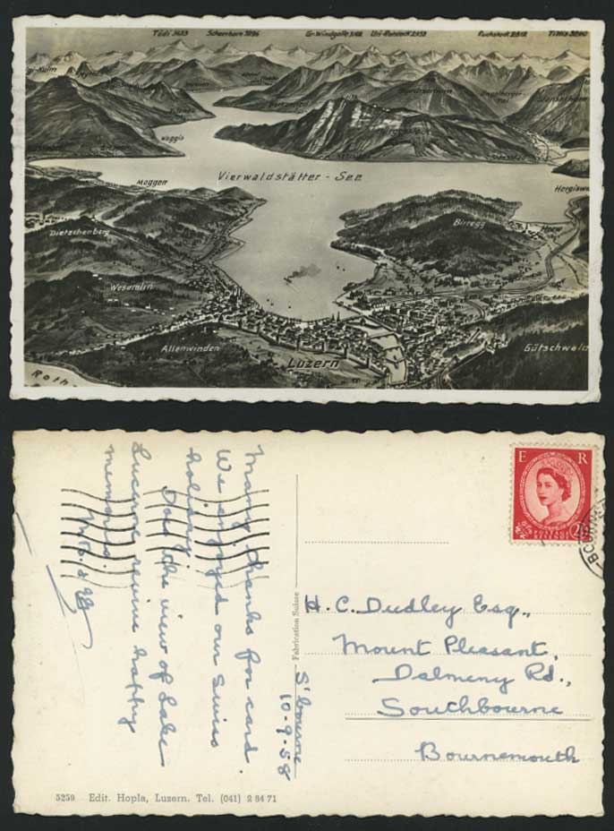 Vierwaldstaetter See Lake Map Weggis 1958 Old Postcard