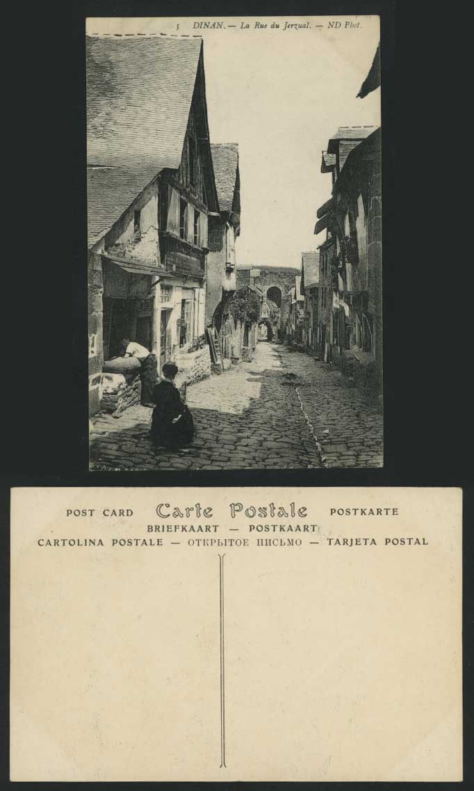 France DINAN Old Postcard La Rue du Jerzual Street Scene, Gate