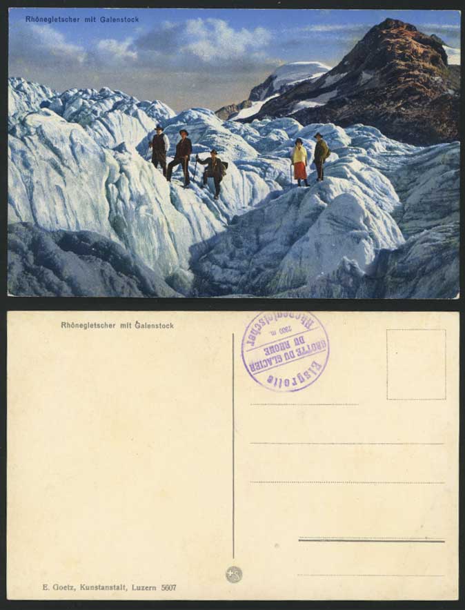 Swiss Old Postcard Rhonegletscher Galenstock & Climbers