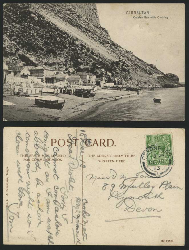 Gibraltar 1913 Old Postcard CATALAN BAY Village Boats Hanging Clothes Sheets