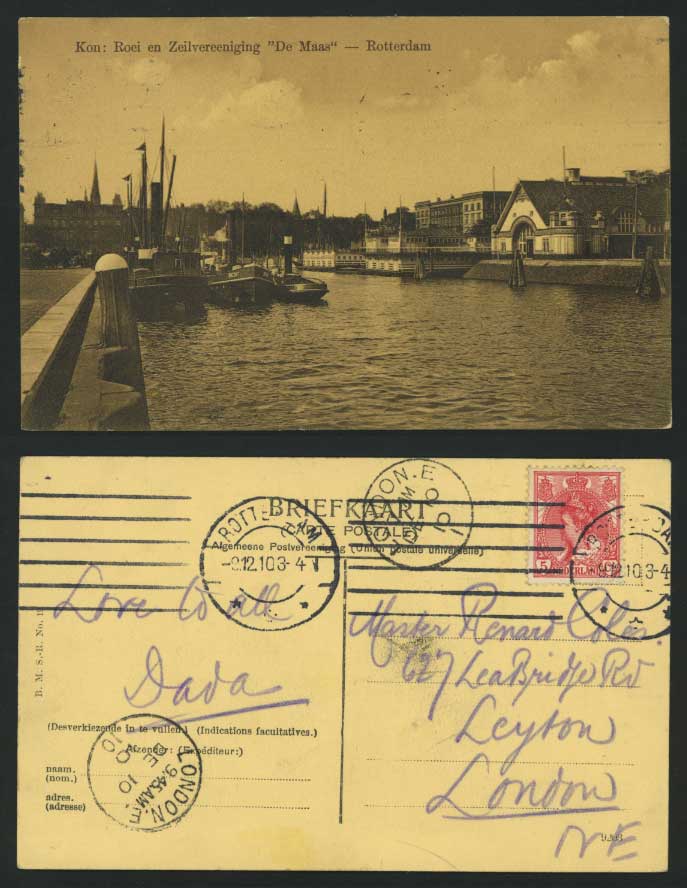 Netherlands Rotterdam Old Postcard Kon Roei Zeilvereeniging De Maas Harbour Boat