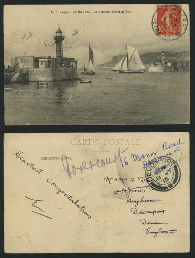 LE HAVRE 1915 Old Postcard Entree du Port Boats, Lighthouse Harbour Entrance