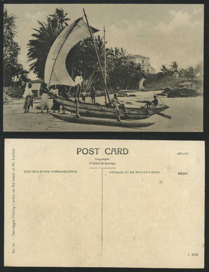 Ceylon Old Postcard FISHING CANOES on Mt. Lavinia Beach