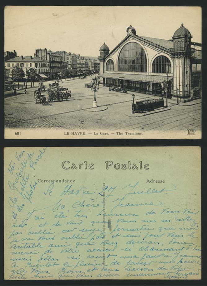France LE HAVRE Old Postcard La Gare Termius Railway Station Train Station, TRAM
