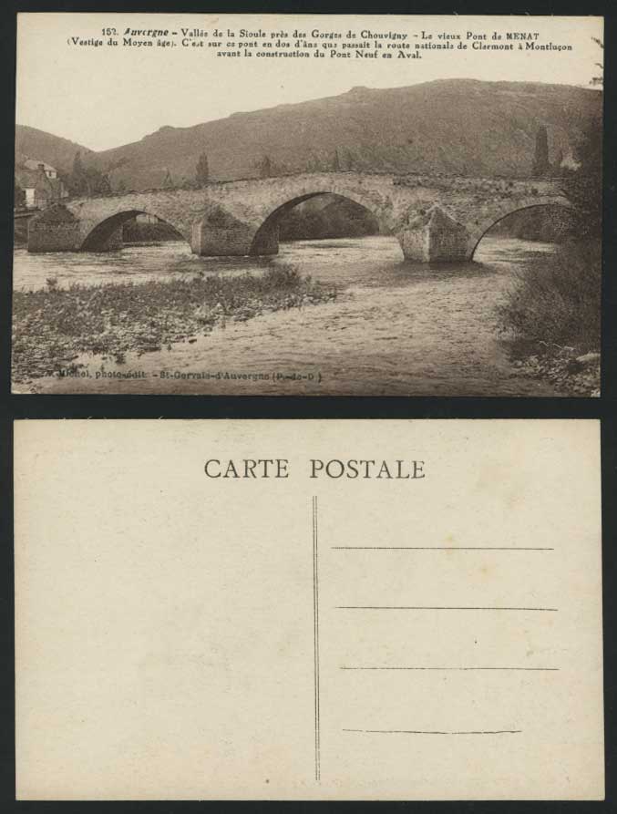 Auvergne Old Postcard Sioule Chouvigny, BRIDGE of MENAT