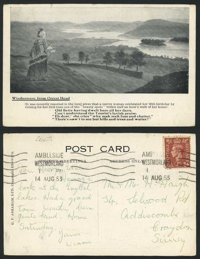 Windermere from Orrest Head Lake Lady 1953 Old Postcard