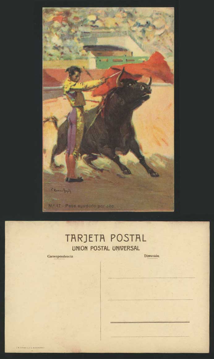 Pase Ayudado por Alio - Bullfighter & Bull Old Postcard