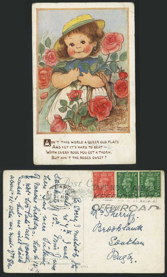 Phyllis Purser Artist Signed 1945 Old Postcard Ain't The Roses Sweet? Children