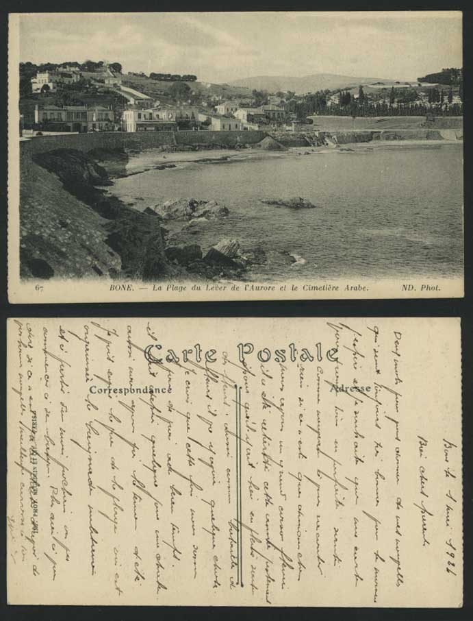BONE 1924 Old Postcard Plage Lever Aurore Cemetery Arab